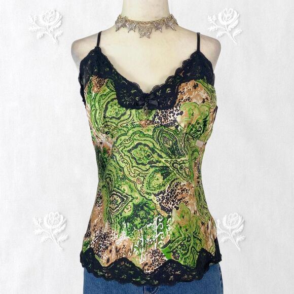 Baby Phat Tops - Early 2000's Green Black Satin Lace Trimmed Baby Phat Cami Camisole Top M